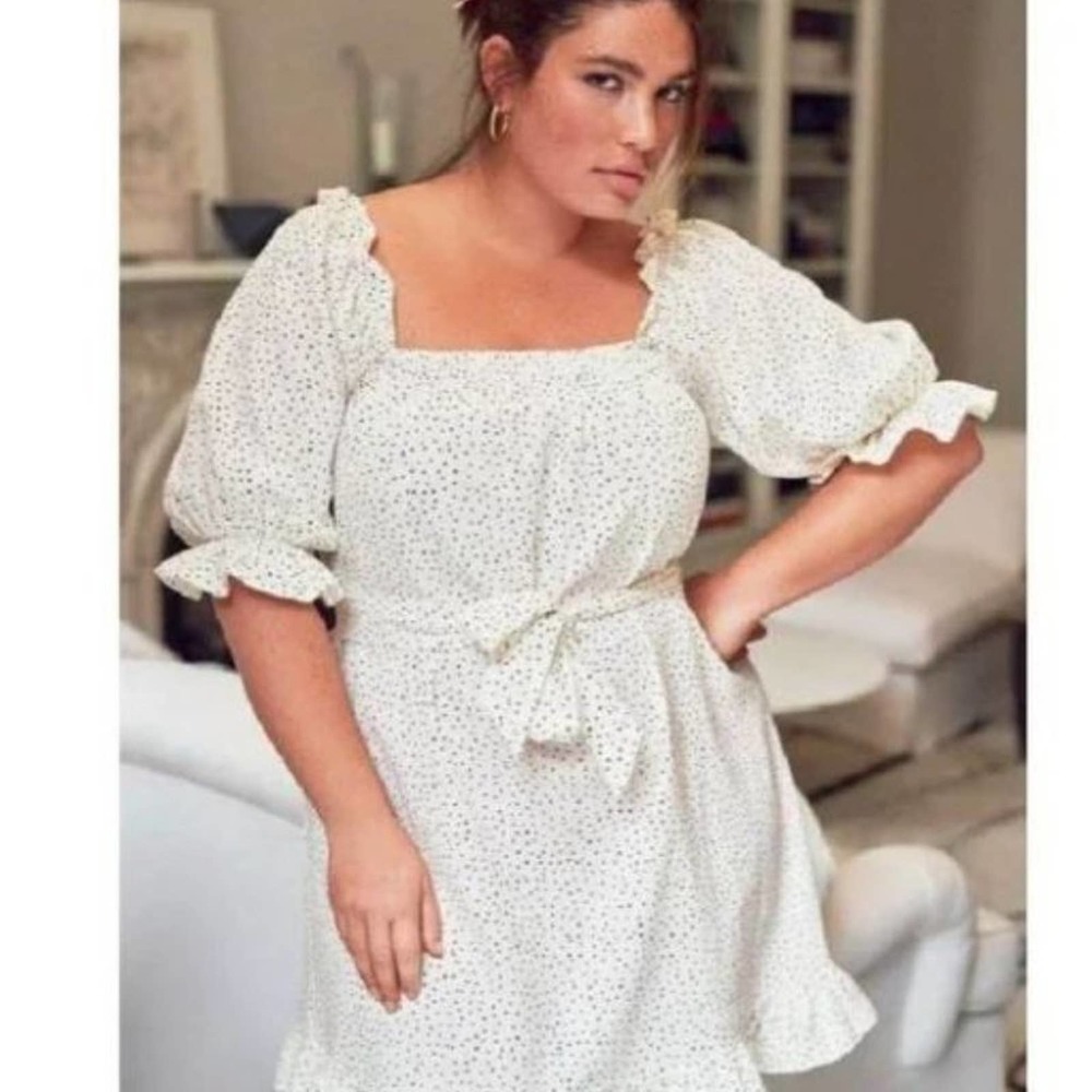Eloquii Smocked Polka Dot Linen Ruffle Dress